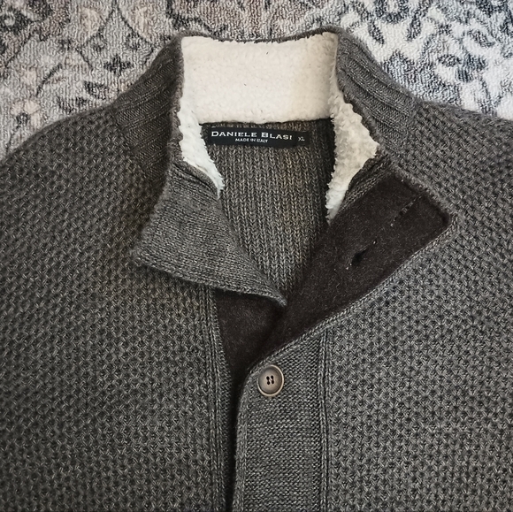 Daniele Blasi Mens Chunky Knit Cardigan XL Gray Sherpa Collar Wool Blend Grandpa - Picture 4 of 13